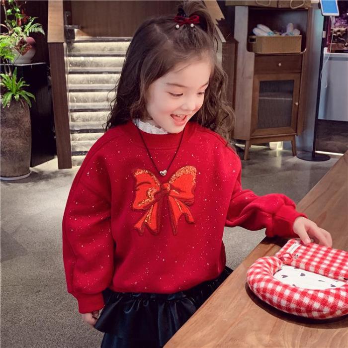 Girls New Year Fleece Hoodie Winter Warm One Piece Sweatshirt Stylish Kids Chinese Festival Top 90