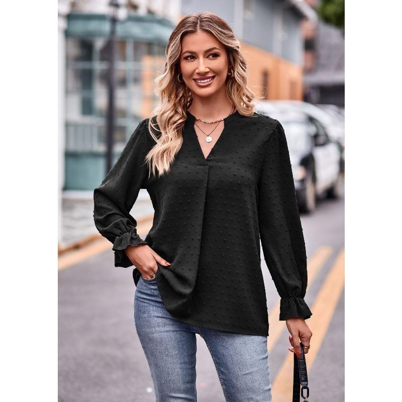 Women's Jacquard T-shirt with V-neck, Loose Long Sleeves and Umbrella-shaped Sleeves