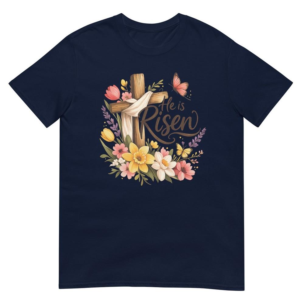 He Is Risen Floral Cross Religious Easter Christian TShirt S