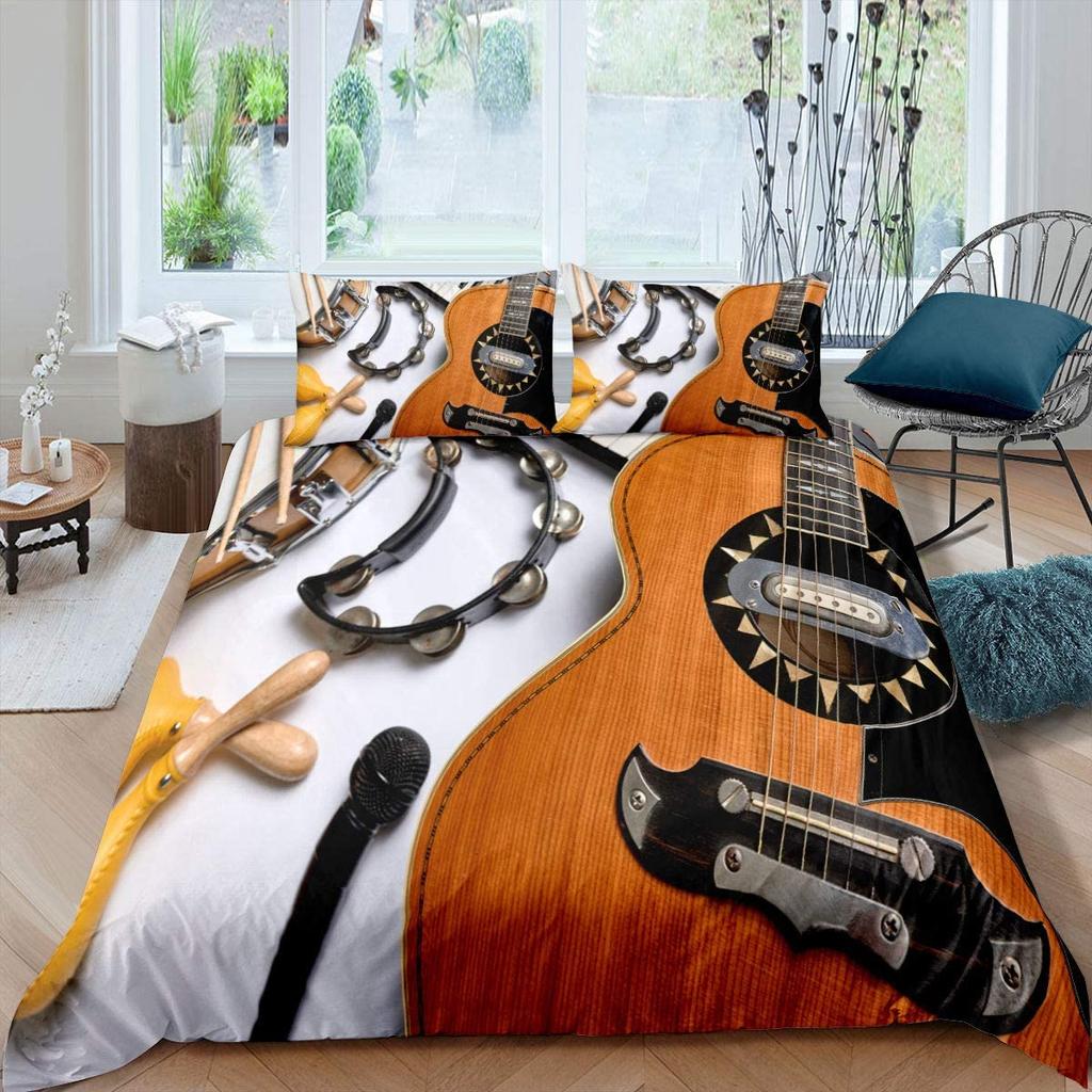 Guitar Duvet Cover Set King Queen Full Size Watercolour Style Polyester Comforter Cover For Kids Boys Girls Teens Bedding Set
