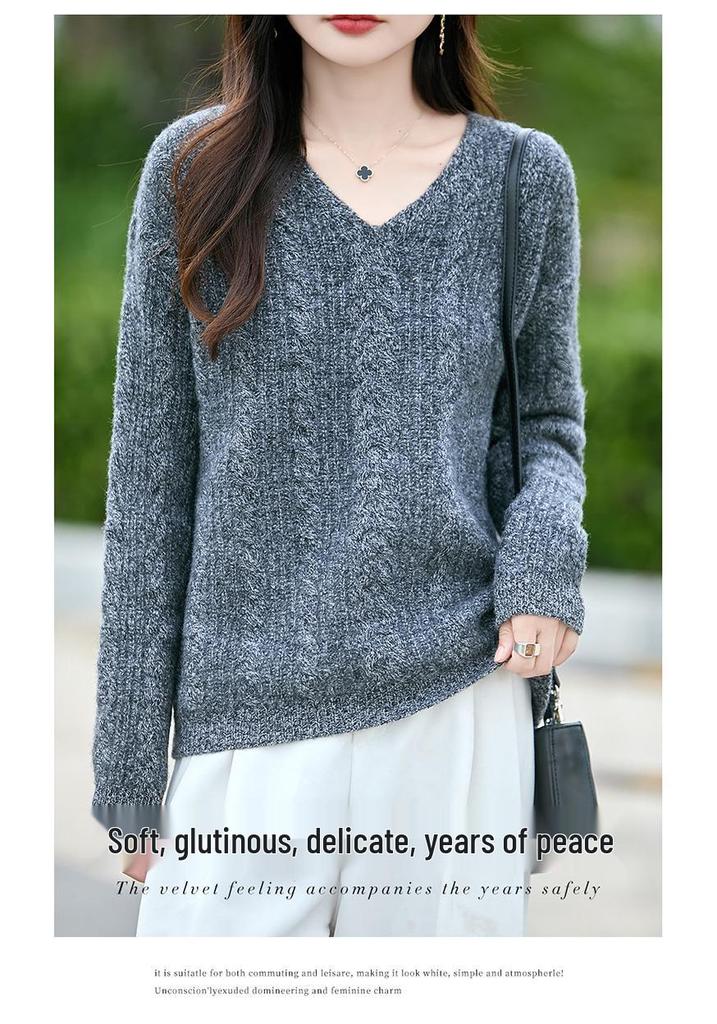 Women's Loose V-Neck Cable Knit Wool Sweater - 100% Pure Cozy Knitwear for Autumn/Winter