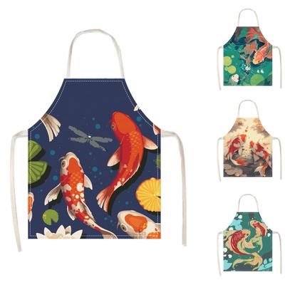 1pc Koi Fish Apron Linen Japanese Style Kitchen Cooking Baking Smock Adult Chef Gift Men Women Oriental Art Design