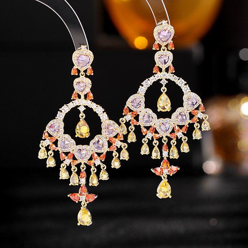 Cubic Zirconia Colorful Tassel Water Eardrop For Women Design Statement Wedding Jewelry Luxury Pendant Earring 925 Silver Needle
