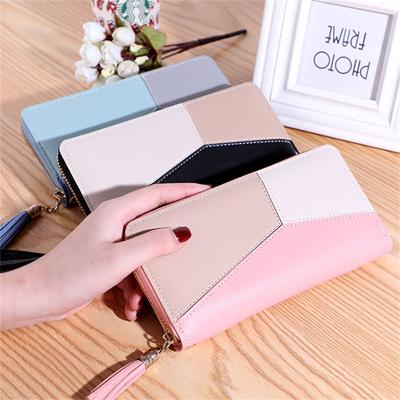 Ledergeldbörse für Damen, Clutch, Reise-Quaste, Handgelenkstasche aus Colorblock-Leder mit Kartenfächern, Geld-Organizer und Telefonhalter