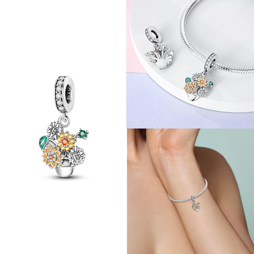 

Copper Heart Golden Sunflower Charms Flower Pendants Fit Original Bracelet Necklace Women Diy Party Jewelry Fine Gift