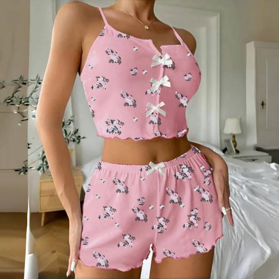 Damen-Pyjama-Set Gerippt Floral Rüschen 2-teilig Nachtwäsche Crop Cami Top und Shorts Weiche Pyjamas Loungewear Set
