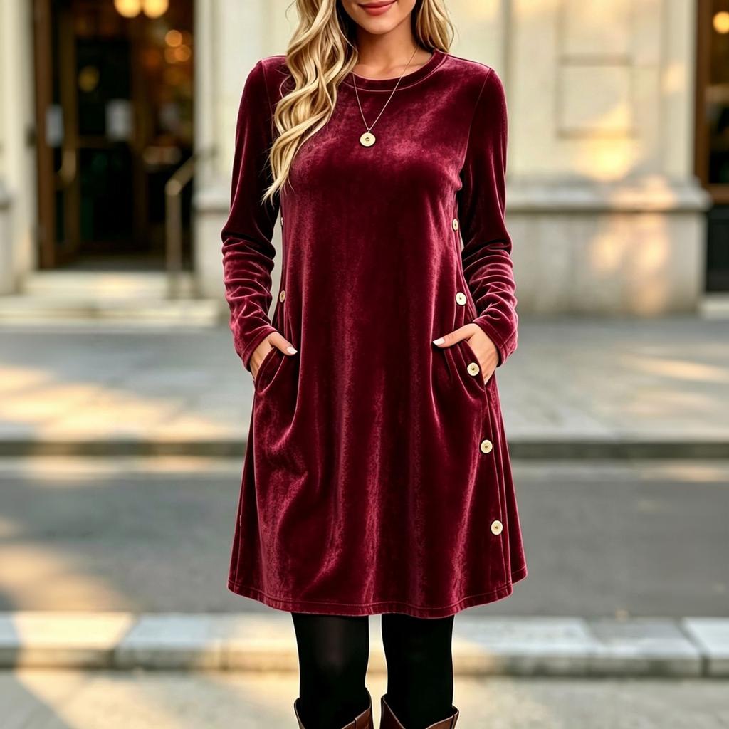 Women's Fashion Color Velvet Button Front Long Sleeve Dress with Loose Fit