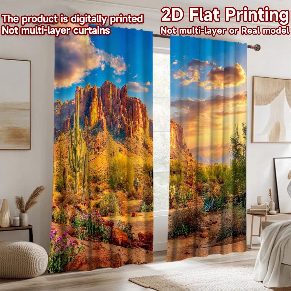 2D flat printing 2pcs Window Curtains Desert Mountain Landscape Saguaro Cacti Digital Printed Polyester Drapes Party Decorations
