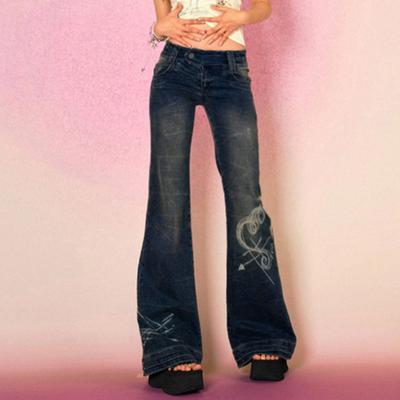Retro Distressed Washed Characteristic Love Printed Jeans Women's High Street Sexy Low-waist Jeans