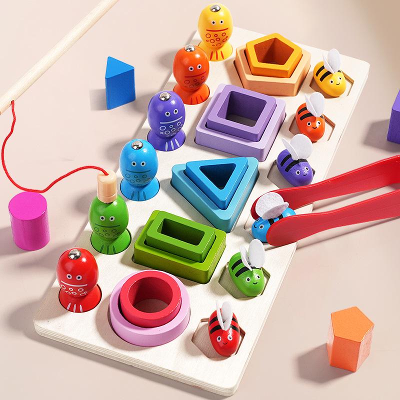 3-in-1 clip bee set column children's enlightenment hand-eye coordination logical thinking ability training magnetic fishing toy