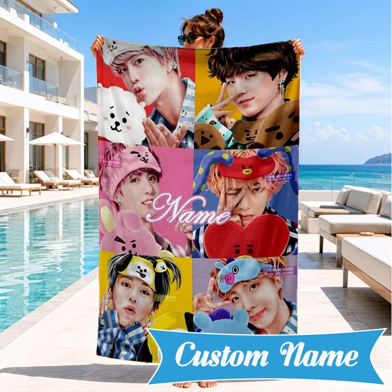 Custom Name K-pop Stars Friends Beach Towel Microfiber Beach Towel, Lightweight and Quick-Dry, for Summer Travel, Swimming Pool Gift
