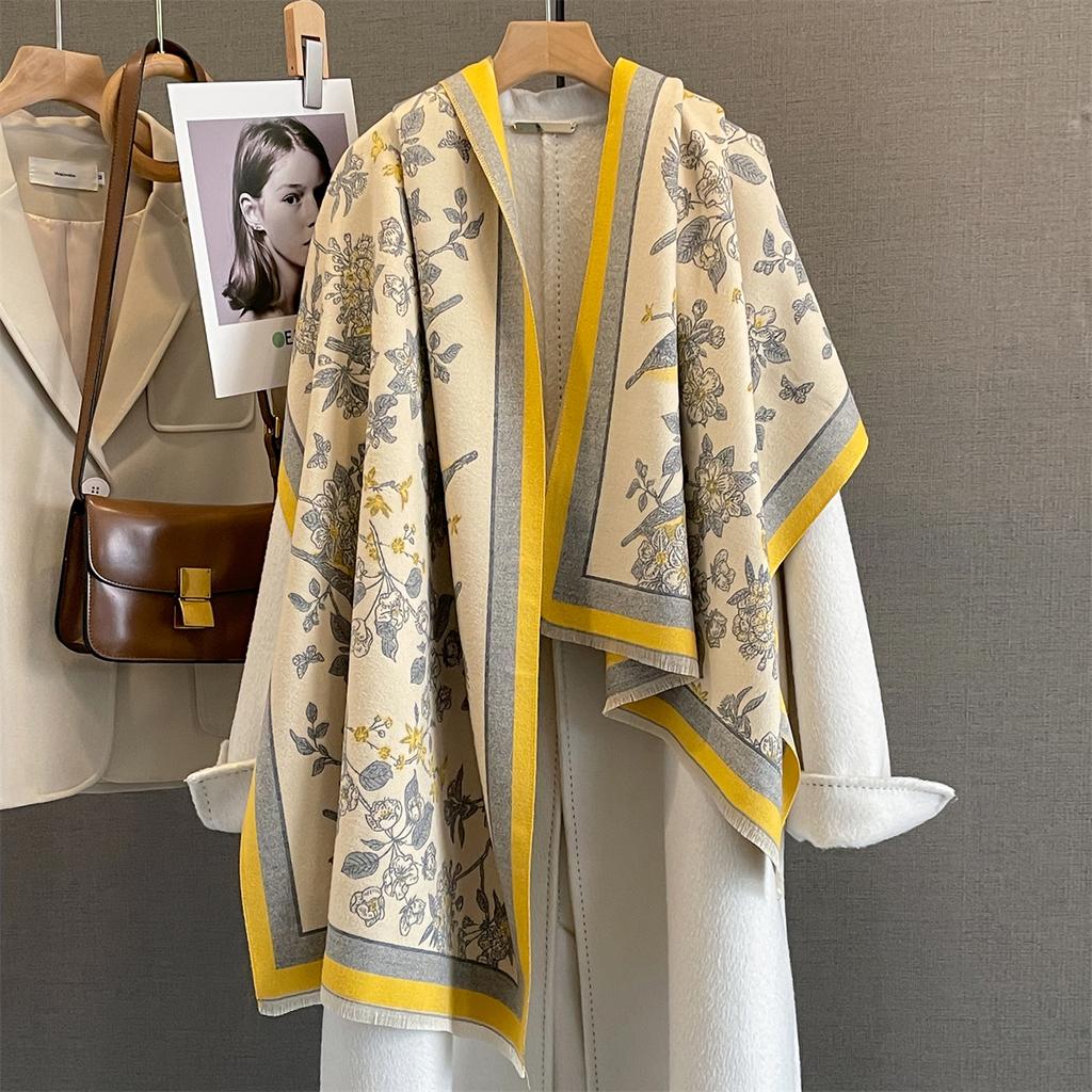 Floral Thickened Warm Scarf Tassel Pashmina Shawl Women‘s Imitation Cashmere Warps Autumn/Winter Coldproof Windproof Blanket