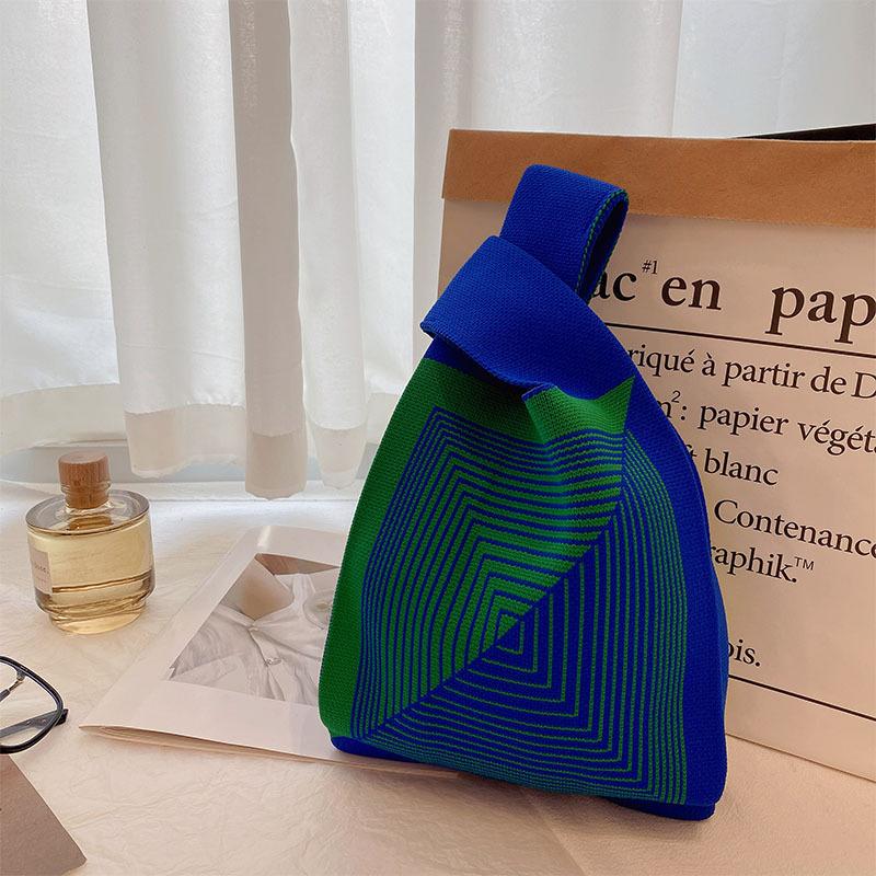 Handmade Knit Handbag Women Mini Knot Wrist Bag Fashion Casual Color Wide Stripe Plaid Tote Bag