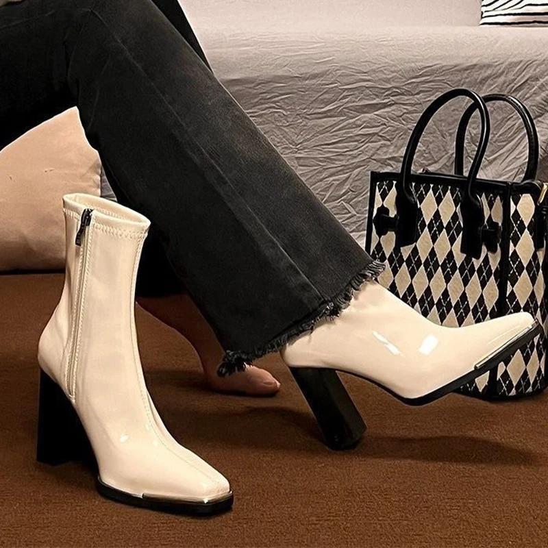 Women Leather Square Toe Ankle Boots Elegant High Heels Shoes Woman 2025 Trend Winter New Pumps Motorcycle Boots Mujer Botas