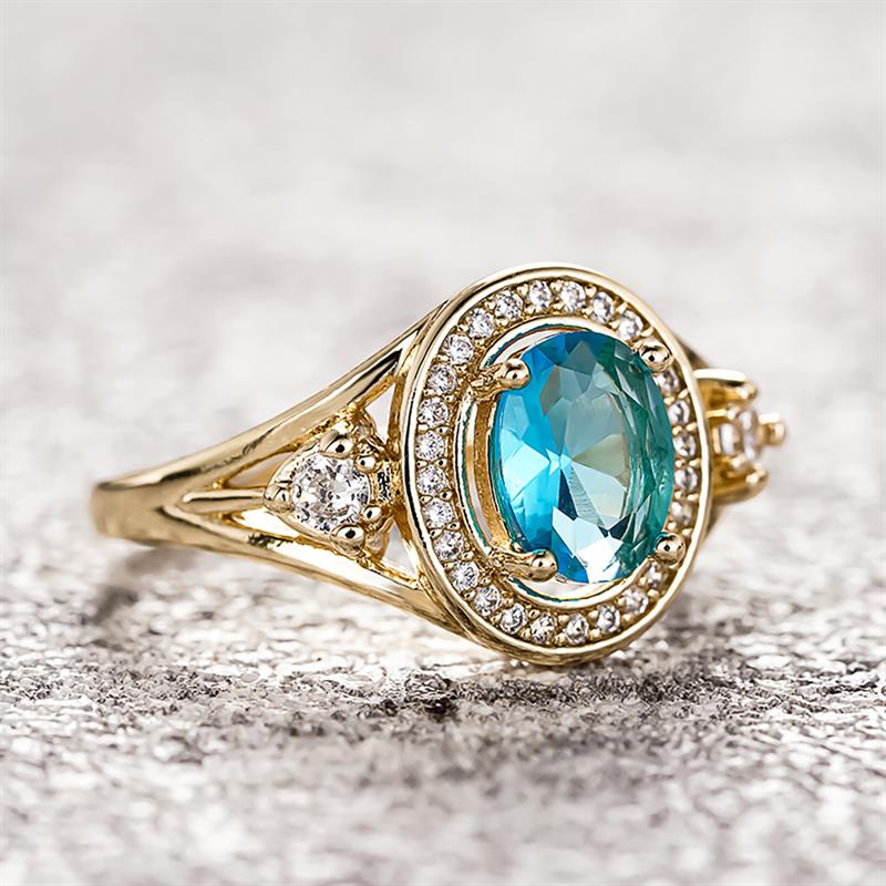 Huitan Gold Color Ring for Women Fashion Party Daily Versatile Luxury Wedding Inlaid Shiny Blue CZ Elegant Accessories JewelryGood product