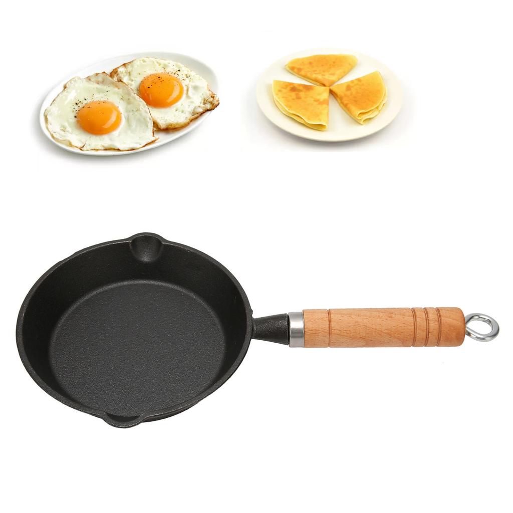 Frying Pan Cast Iron Skillet Drip Spouts Wooden Handle Stain Resistant Quick Heat Easy To Clean Cook Pan