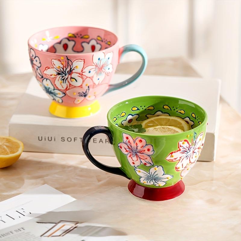 2pcs Floral Ceramic Mug Set 430ml/14.13oz, French Countryside Style with Vibrant Flowers,Butterflies, Reusable, Microwave Safe,for Hot & Cold Drinks,