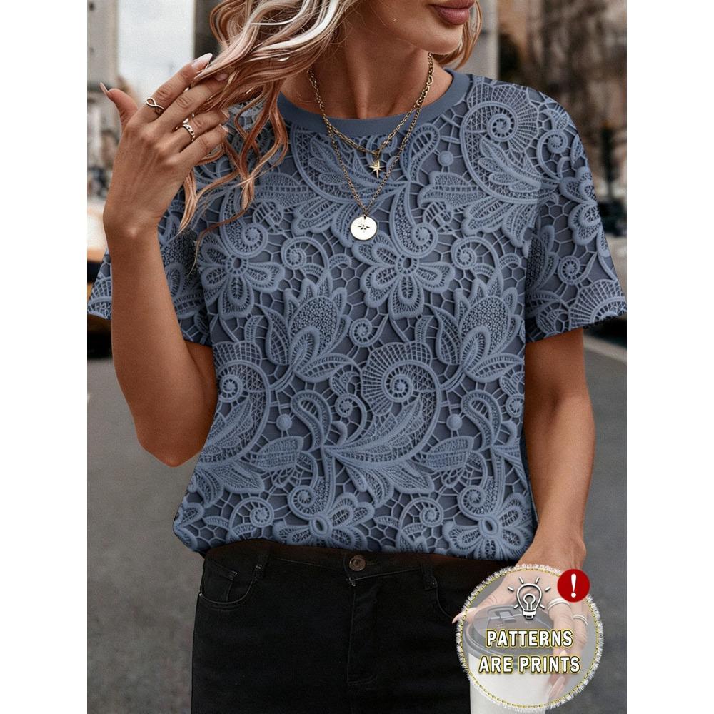 Women's Round Neck Short Sleeve Tee Regular Fit Elegant Casual Top Lace Floral Print Fashion Blouse