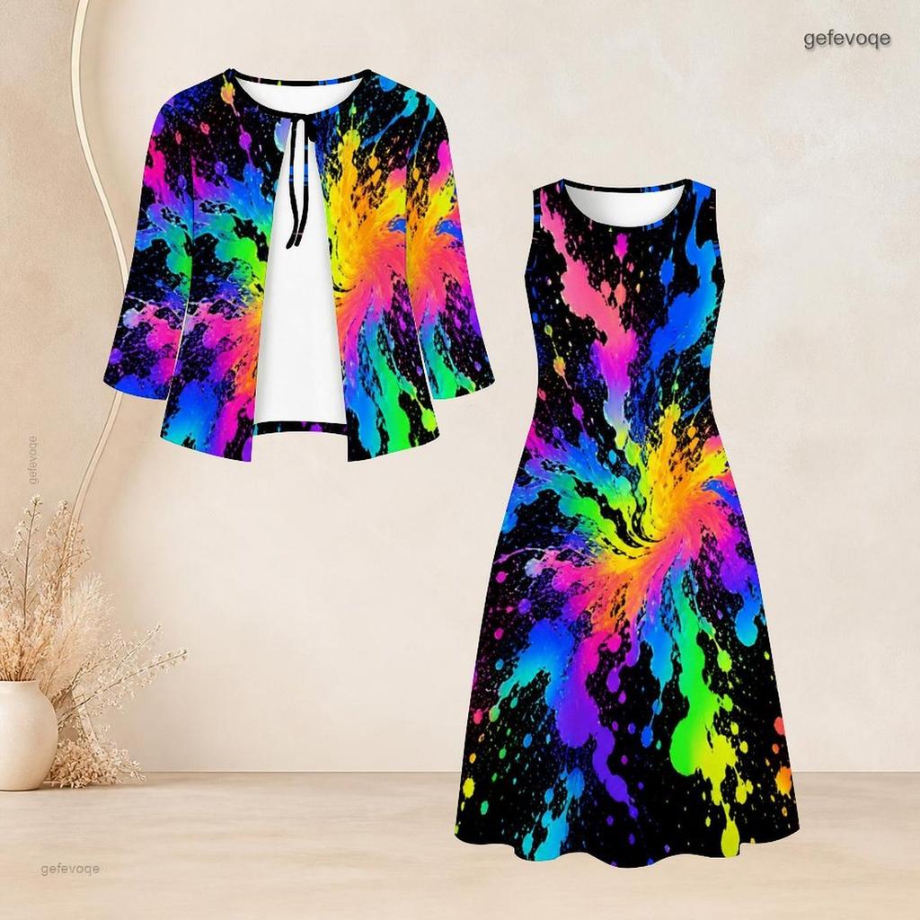 Women Plus Size Black Gold Printed Two Piece Set Bow Tie Neck Three Quarter Sleeve Cardigan Sleeveless Long Dress
