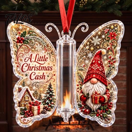 Santa Claus Ornament Christmas Cash Gift Ornament, Acrylic Butterfly Money Holder with Built‑in Unique Gifts Clear Compartment, Holiday Hanging for