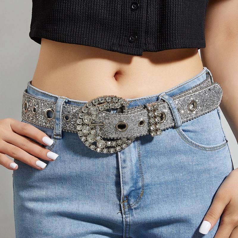 Adult Shinning Waist Belt Luxurious Pin Buckle Waist Belt Adjustable Length Full Diamond Rhinestone Belt for Nightclub
