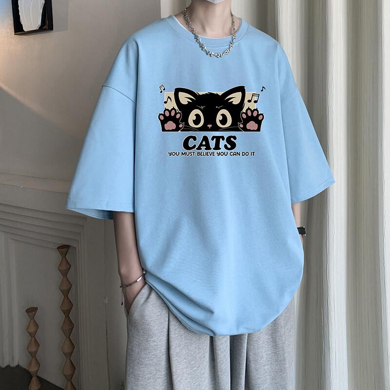Unisexs Cotton Tshirts White Unisexs Oversized T Shirt Anime Cat Print Summer Casual Wear 5XL Tee Shirts Big Size Male Clothes