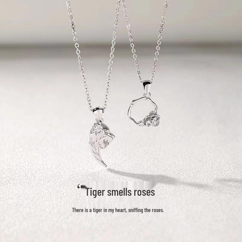 

Chao Xiaobai 925 Sterling Silver Tiger and Rose Necklace, Couple s Niche Design, Trendy Chinese Style Clavicle Chain тигровый