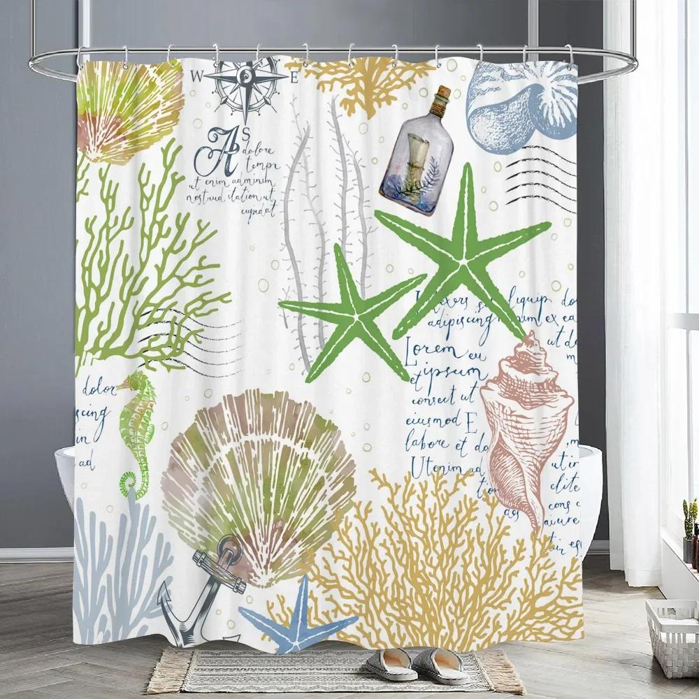 Nautical Starfish Seashell Coral Shower Curtain Ocean Themed Shower Curtains For Bathroom Polyester Fabric Coastal Bath Curtains