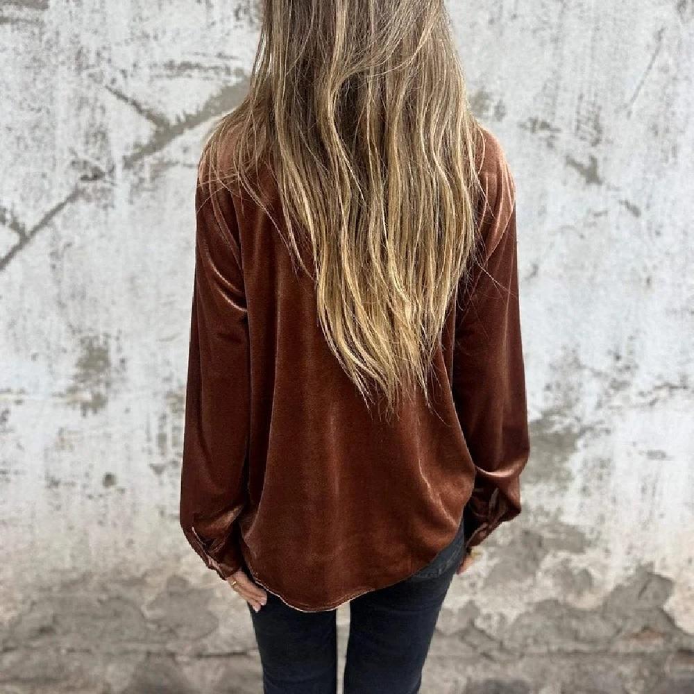 Autumn Spring Velvet Shirts & Blouses Women Solid Long Sleeve Single Breasted Tops With Pocket Ladies Vintage Shirts