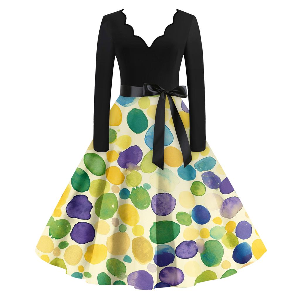 Abito lungo vintage da donna a maniche lunghe con scollo a V, stampato, casual e alla moda