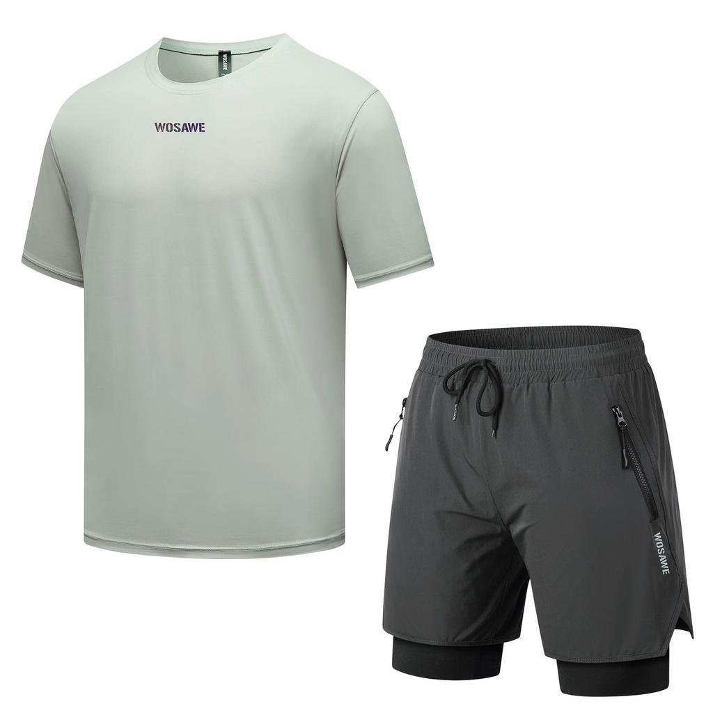 WOSAWE Męska i Damska Koszulka z Krótkim Rękawem na Rower Górski Outdoorowy Jazda na Rowerze Zestaw Spodenek MTB 2 w 1 z Wkładką