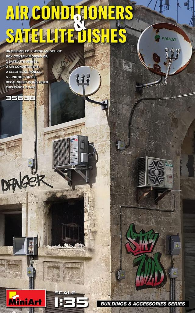 MiniArt Air Conditioner Outdoor Unit and Satellite TV Receiving Antenna Plastic Model MA35638 1/35