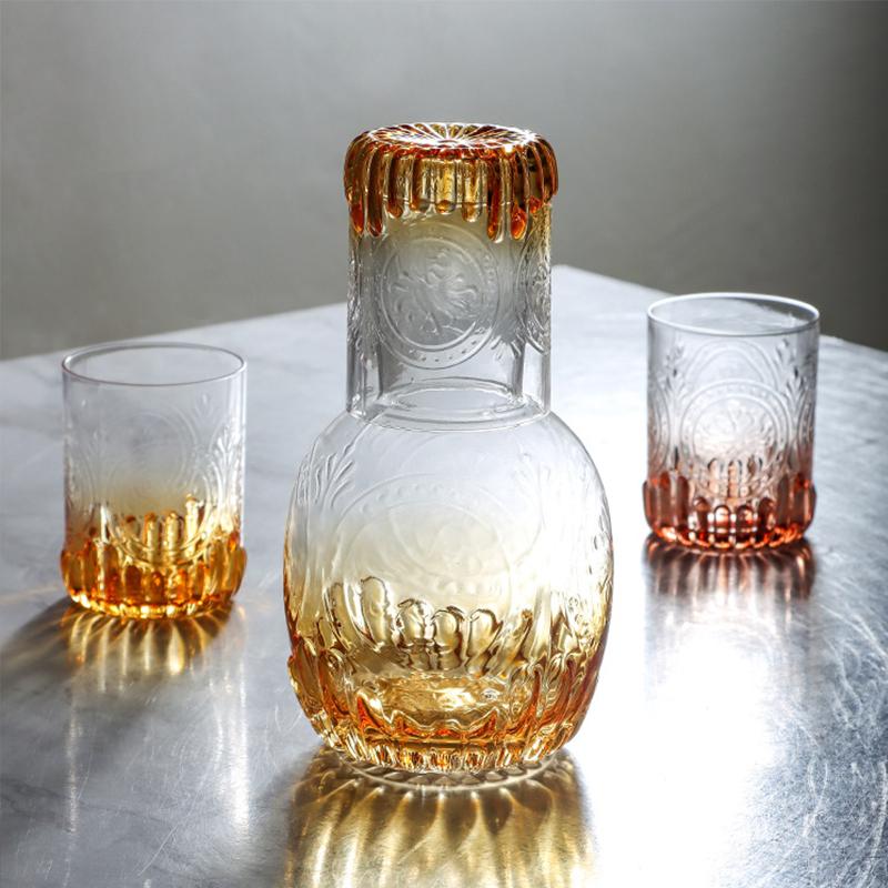 1000ml Glass Bedside Water Carafe with Glass Cups Set Embossed Relief Pattern Carafe Glassware Drinking Vintage Water Pitcher