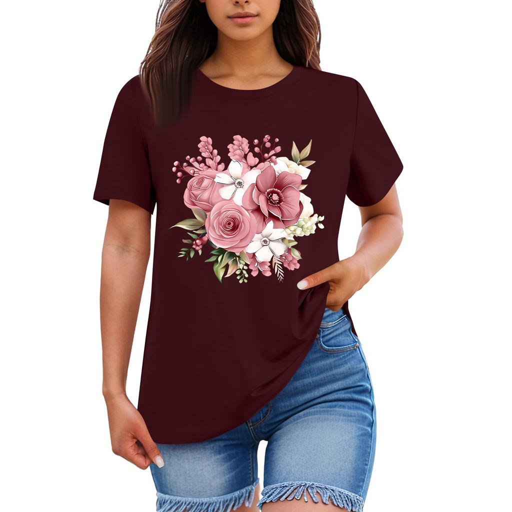 Ladies' Loose Comfortable Casual Fashionable Plant Flower Printed Round Neck Short Sleeved Shirt