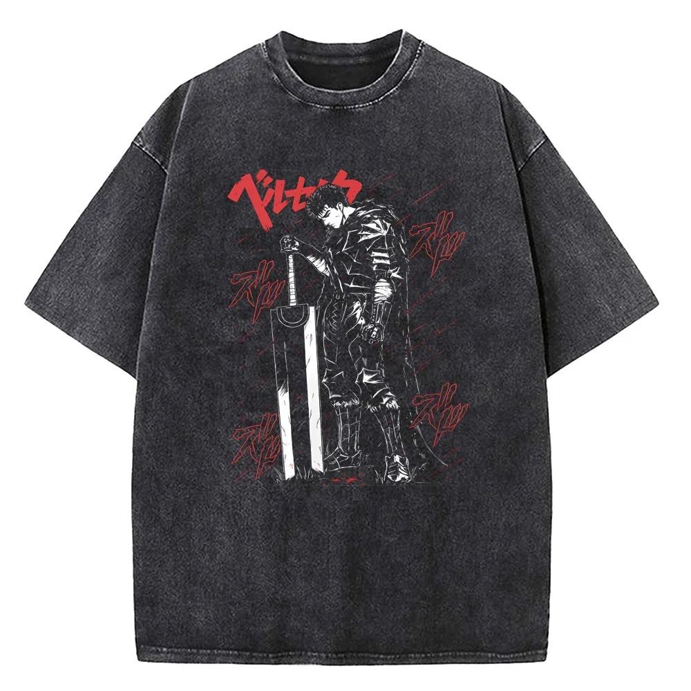 2026 Anime Berserk Guts Graphic Printed Tee Men Women Vintage Washed Casual Tshirts High Quality Cotton T Shirt Harajuku Male T-shirt
