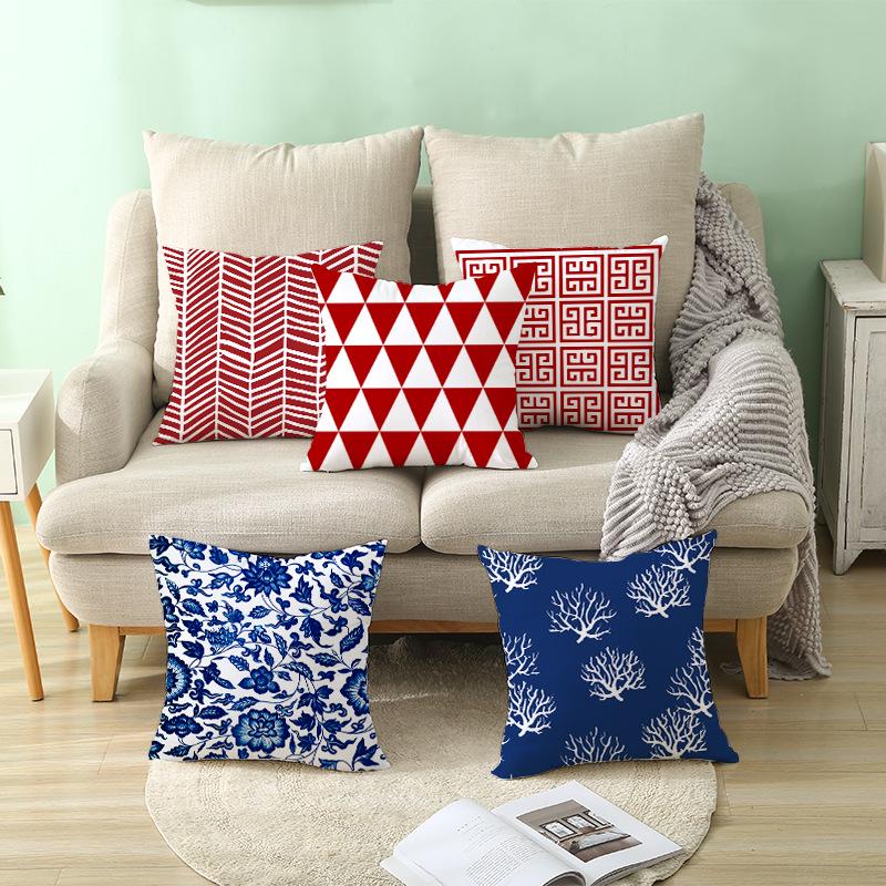 Red, Blue and Black Geometric Cushion Cover, Peach Skin Print Pillow Cover, Square Sofa Cushion, Home Textiles and Household Products