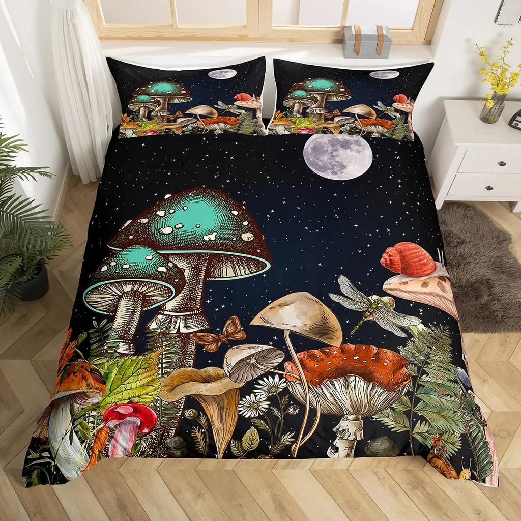 Glitter Starry Sky Galaxy Duvet Cover Mushroom Butterfly Quilt Cover Microfiber Star Moon Palm Leaves Flowers Queen Bedding Set