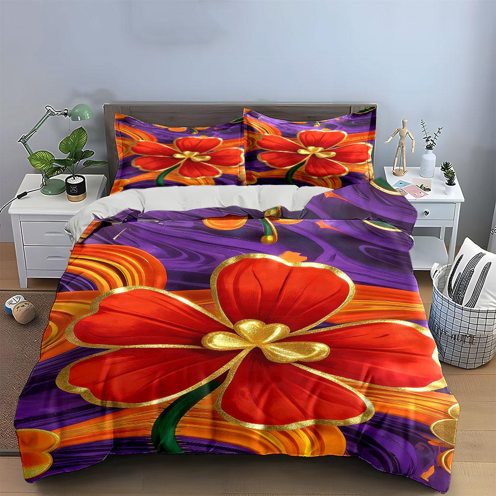 Red flowers with gold. Bedding sets Duvet cover sets Duvet covers Pillowcases(1 * Duvet Cover 2 * Pillowcases without duvet insert)