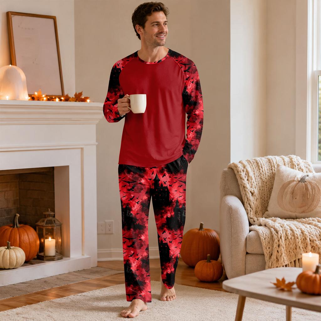 Men's Halloween Pajama Set with Long Sleeve Round Neck Top and Pants for Comfortable Sleep