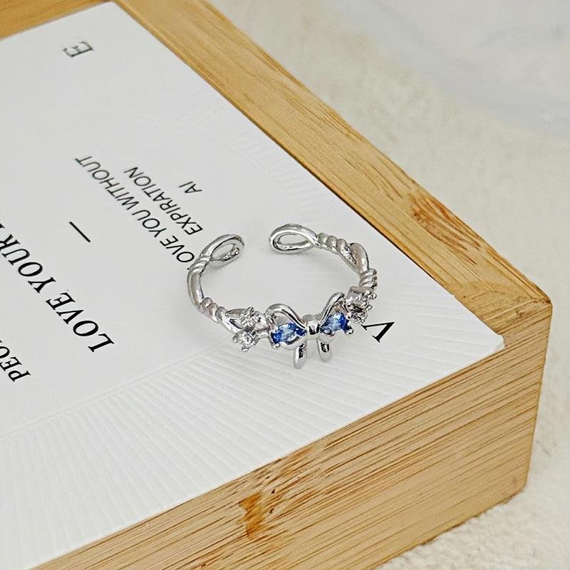 Light Luxury Full Diamond Sea Blue Zircon High-End Open Ring Gypsy Star Niche Design Butterfly Personalized Index Finger Ring Female