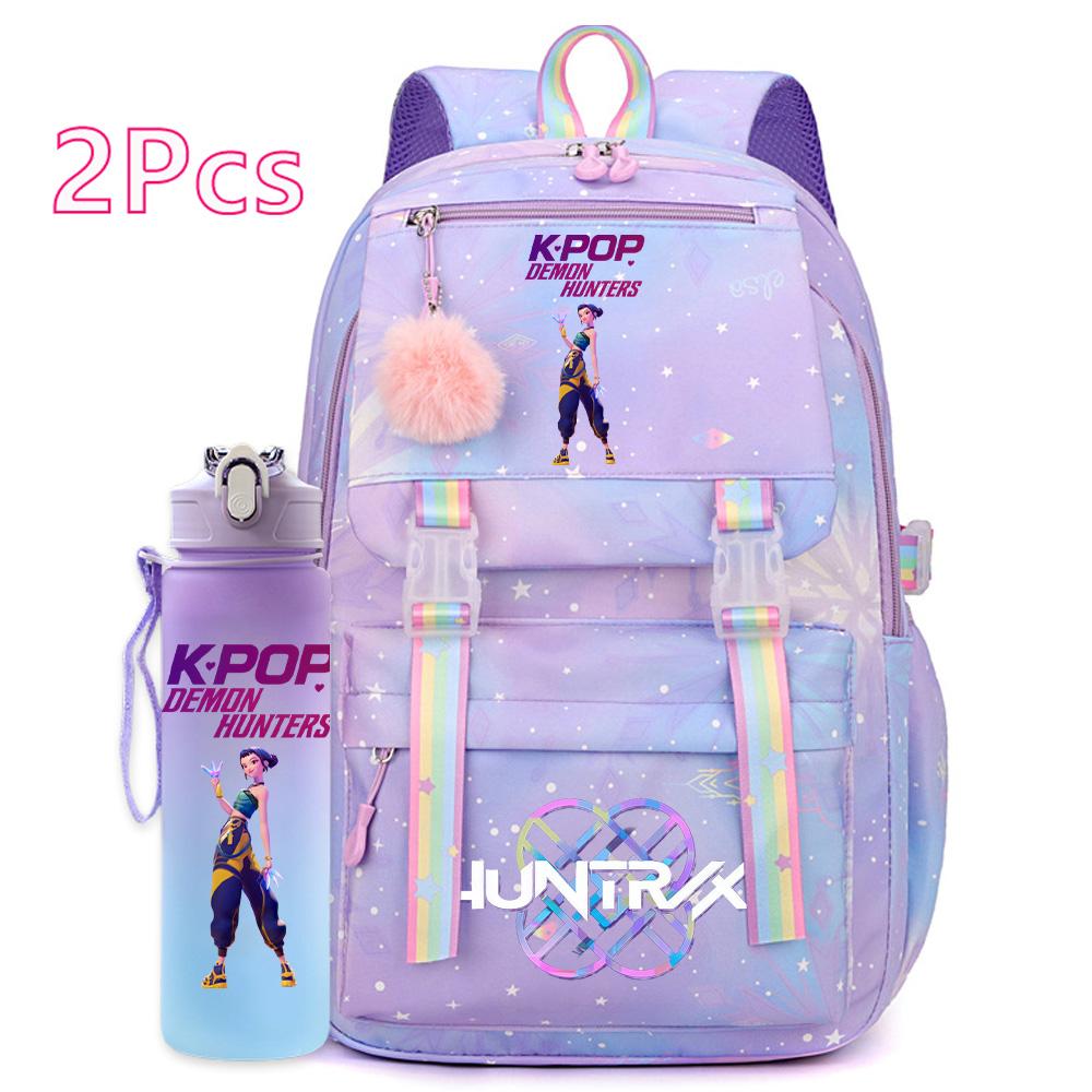 2 st/set Söt Anime Kpop Tryckt Ryggsäck 750 ml Vattenflaska Stor Kapacitet Resväska för Tonårsflicka Pojke Bokväska Barnpresent Rucksak