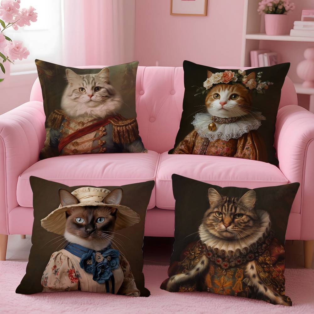 Renaissance Royal Cat Funny Pillow Case Pattern Printed Pillowcase For Living Room Sofa Cushion Cover & Bedroom Decor
