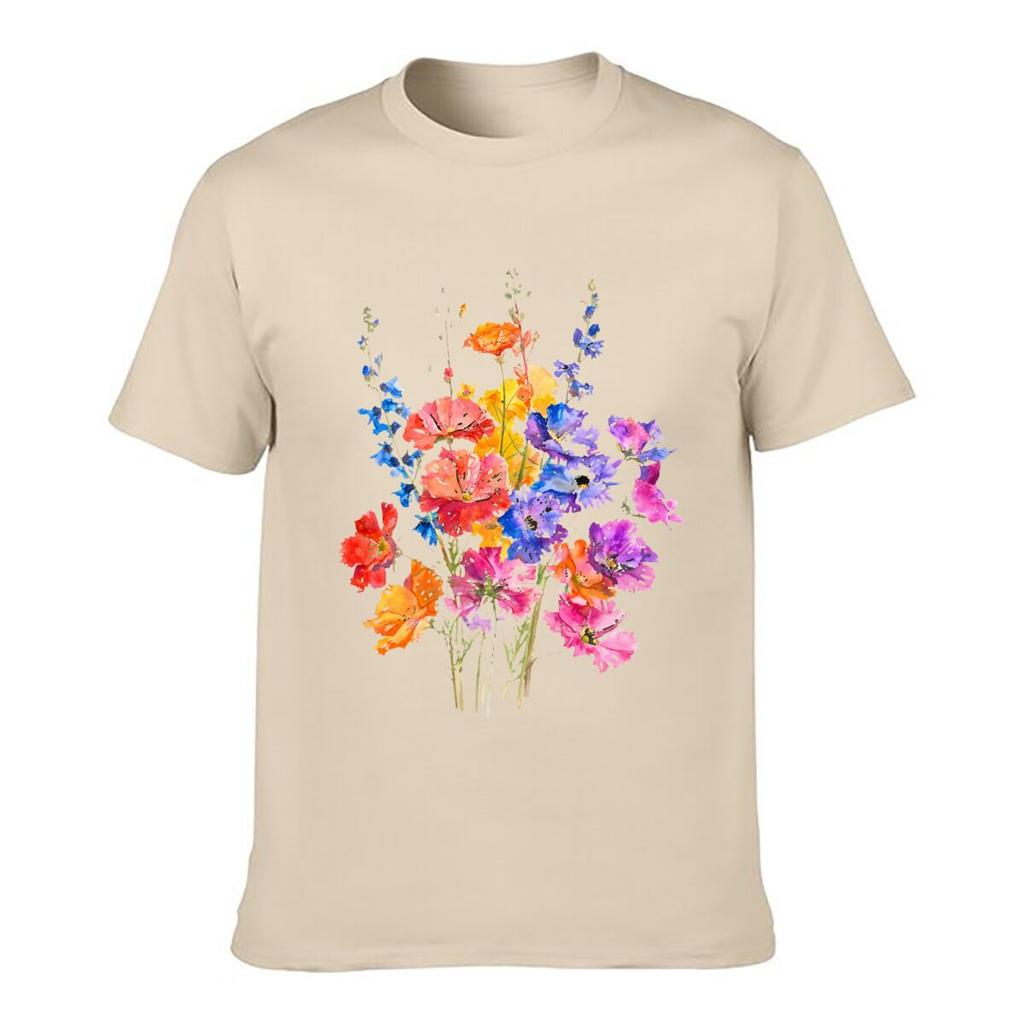 Colorful Wildflowers Watercolor Floral Bouquet Botanical Art Unisex Summer Washed Tee Loose Distressed Top
