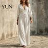Loose Lace Dress Women V-Neck for Fall, 3/4 Sleeves Maxi with Autumn Outfits Belt, Solid Color Casual Long Vacation Daily Wear Sleeve