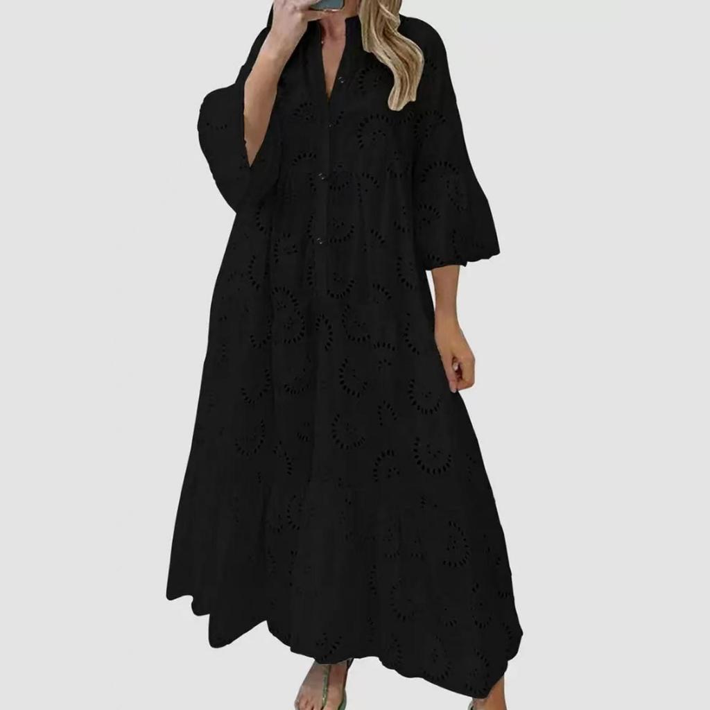 IHUASU 8 Colors S-5XL Women's Fashion Summer Spring Solid Color Print 3/4 Sleeve V-Neck Casual Dresses