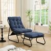 Patio Outdoor Lounge Chair with Ottoman, Comfy Sling Recliner Chair with Puffy Cushion and Foot Stool, Black Frame with Navy Blue Cushion