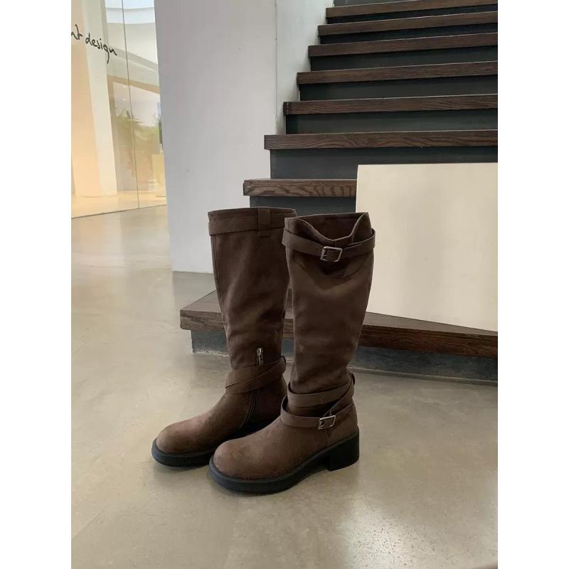 Cowhide Version~ Grape Ma Two Ways To Wear Western Boots Can Be Folded Thick Heel Buckle Stacked Boots Women's Boots