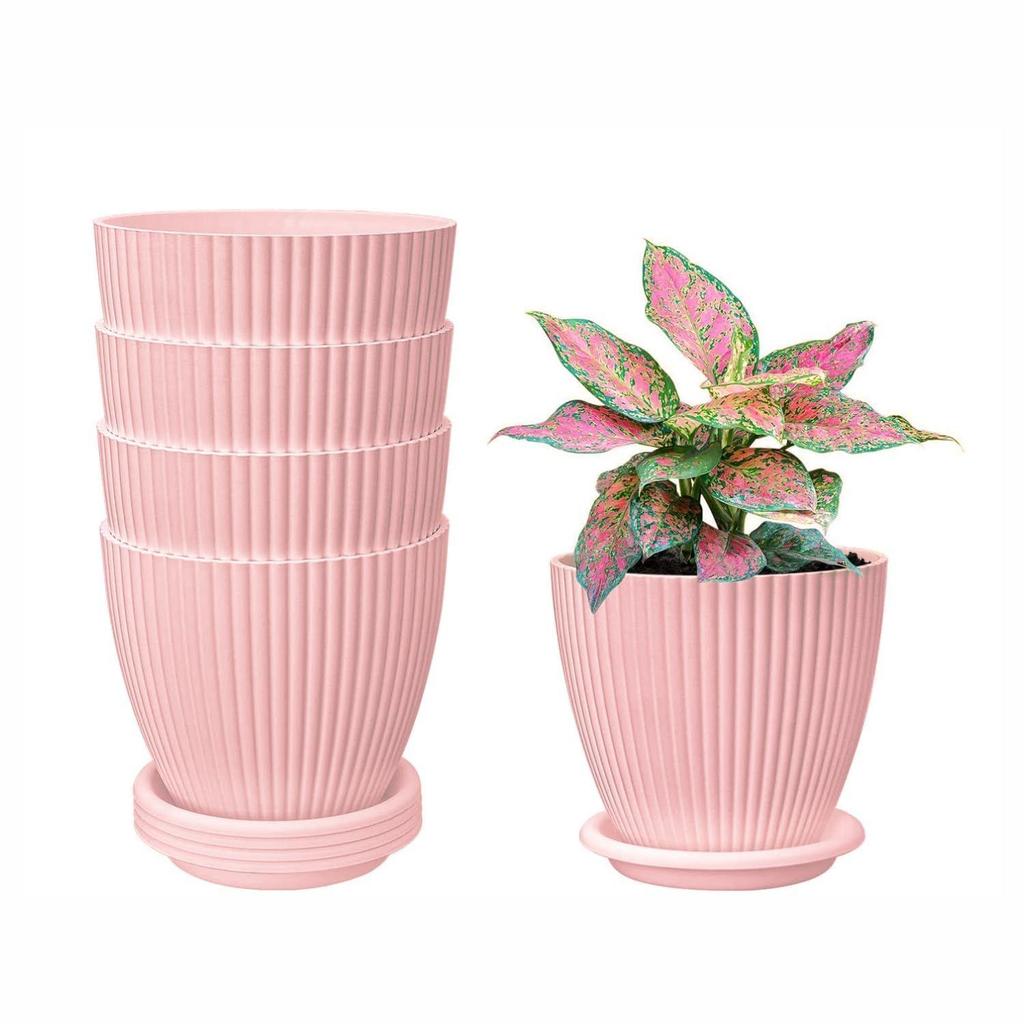 Plastic Round Flower Pots with Tray for Home Planters, Terrace, Garden Etc | Pack of 05 | Baby Pink | Size 6.5 Inch | for Home Indoor & Outdoor