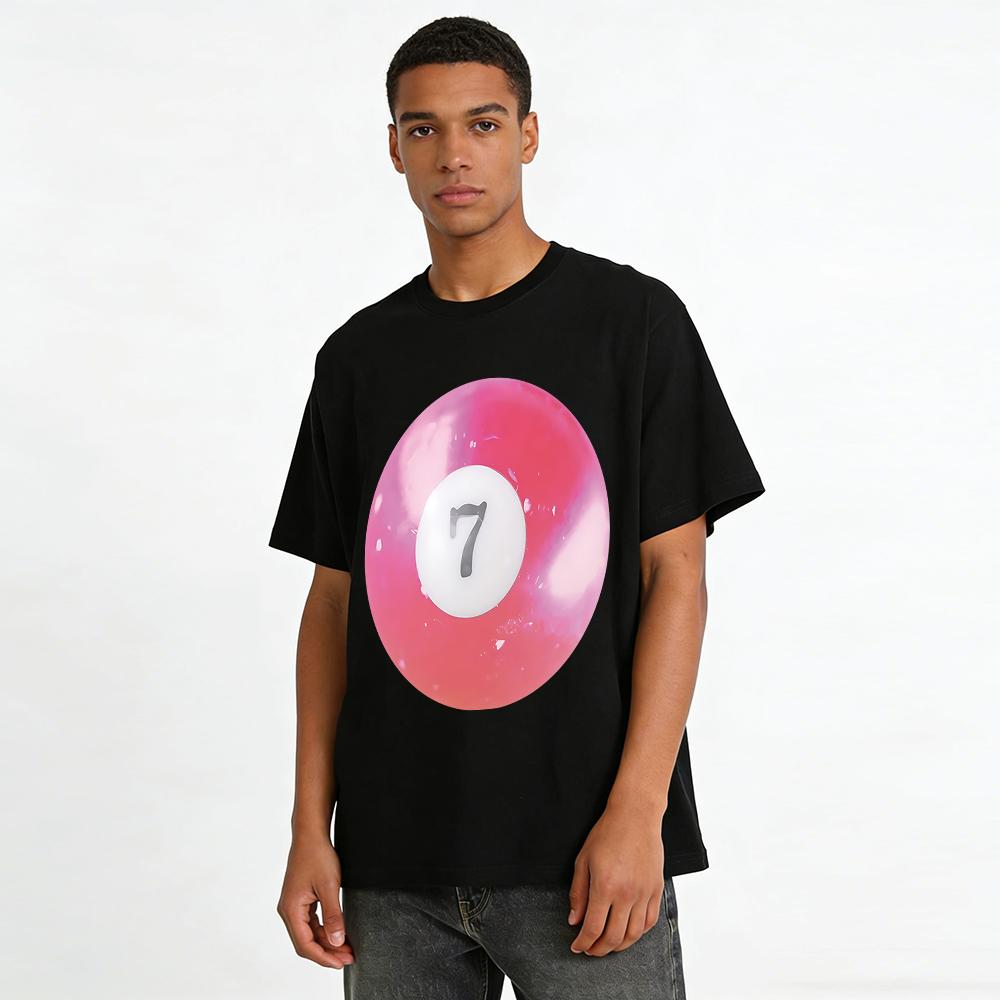 Gradient Pink No.7 Billiard Ball Print Casual T-Shirt Unisex Loose Trendy Crewneck Top Pure Cotton T-shirt