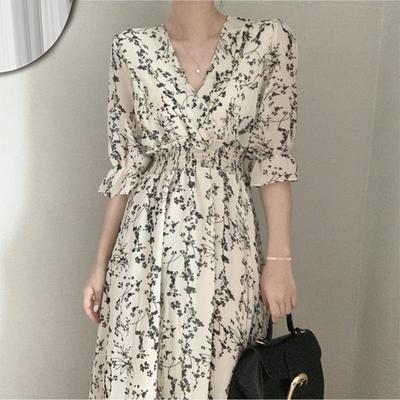 New Style of French Platycodon Retro Waist-hugging Temperament V-neck Floral Chiffon Dress for Women In Summer